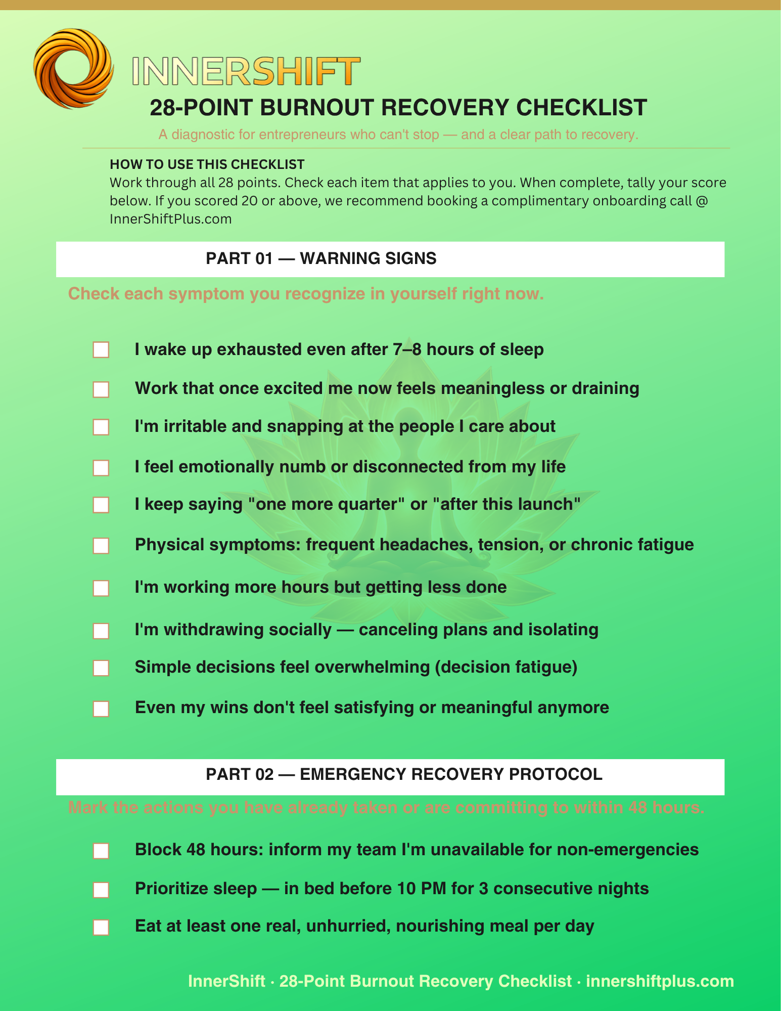 InnerShift 28-Point Burnout Recovery Checklist — a diagnostic for entrepreneurs who can't stop, and a clear path to recovery.