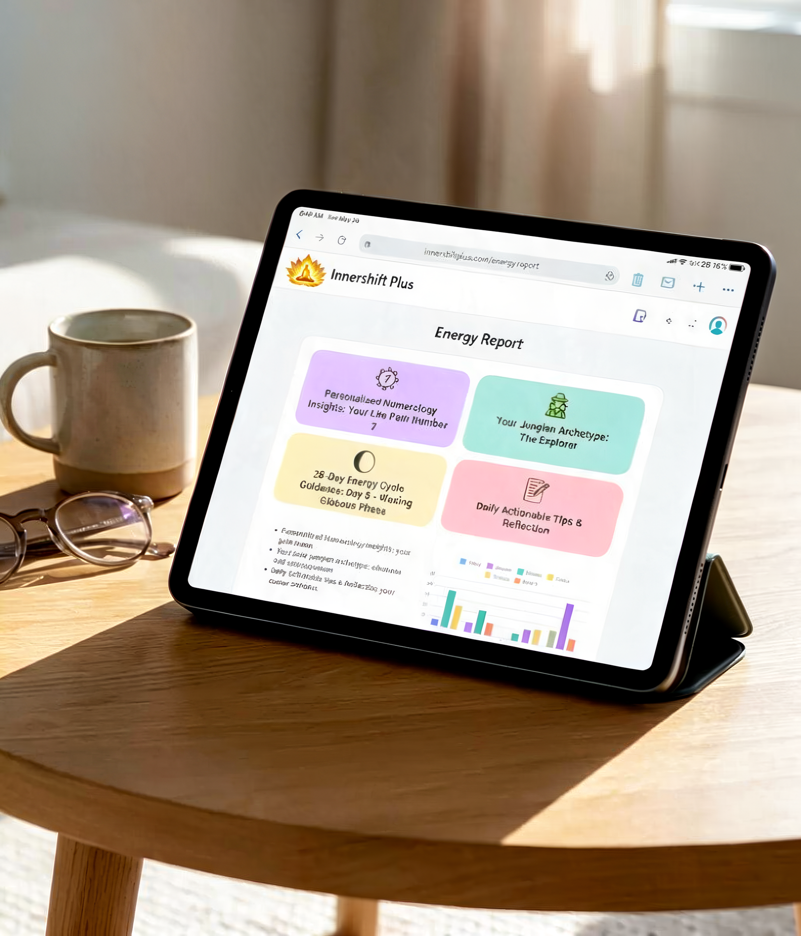 The Daily Energy Report shown on a tablet — personalized numerology, Jungian archetype, 28-day energy cycle guidance, and daily actionable tips.